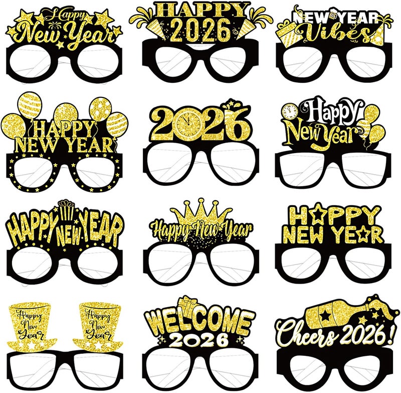 Runloon 12PCS New Year Glasses, Funny New Years Eve Party Paper Glasses Photo Booth Props 2026 Eyeglasses Frames for NYE Party Supplies Decorations 2026 - Image 1